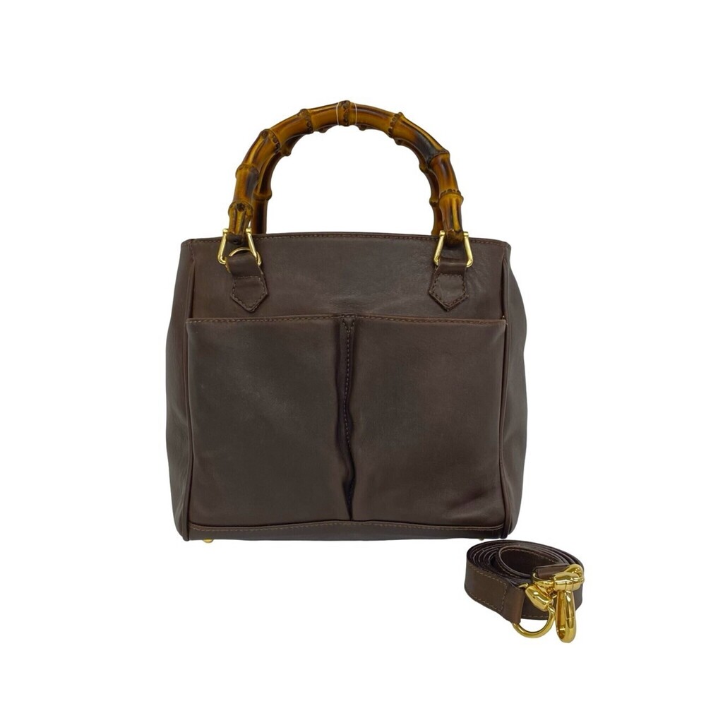 GUCCI Vintage Bamboo Leather 2-Way Handbag/Shoulder Bag, Brown, 35037
